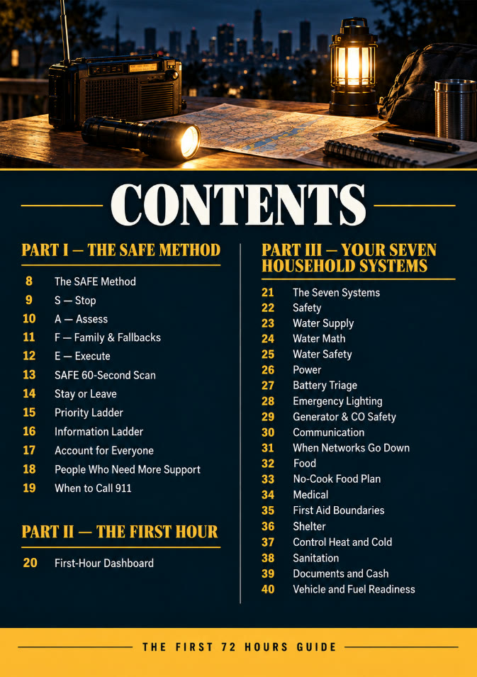 Contents page: SAFE Method, first hour and household systems
