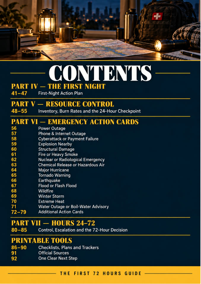 Contents page: first night, action cards and printable tools
