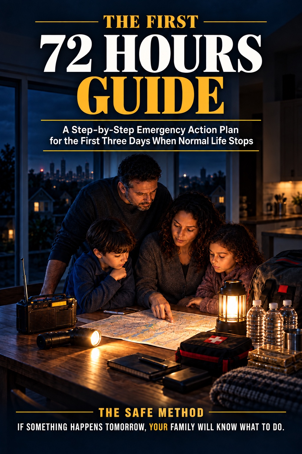 The First 72 Hours Guide book cover featuring a family reviewing an emergency plan